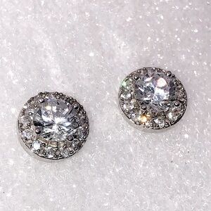 Sterling Silver & Cz Round Halo Stud Earrings .5”